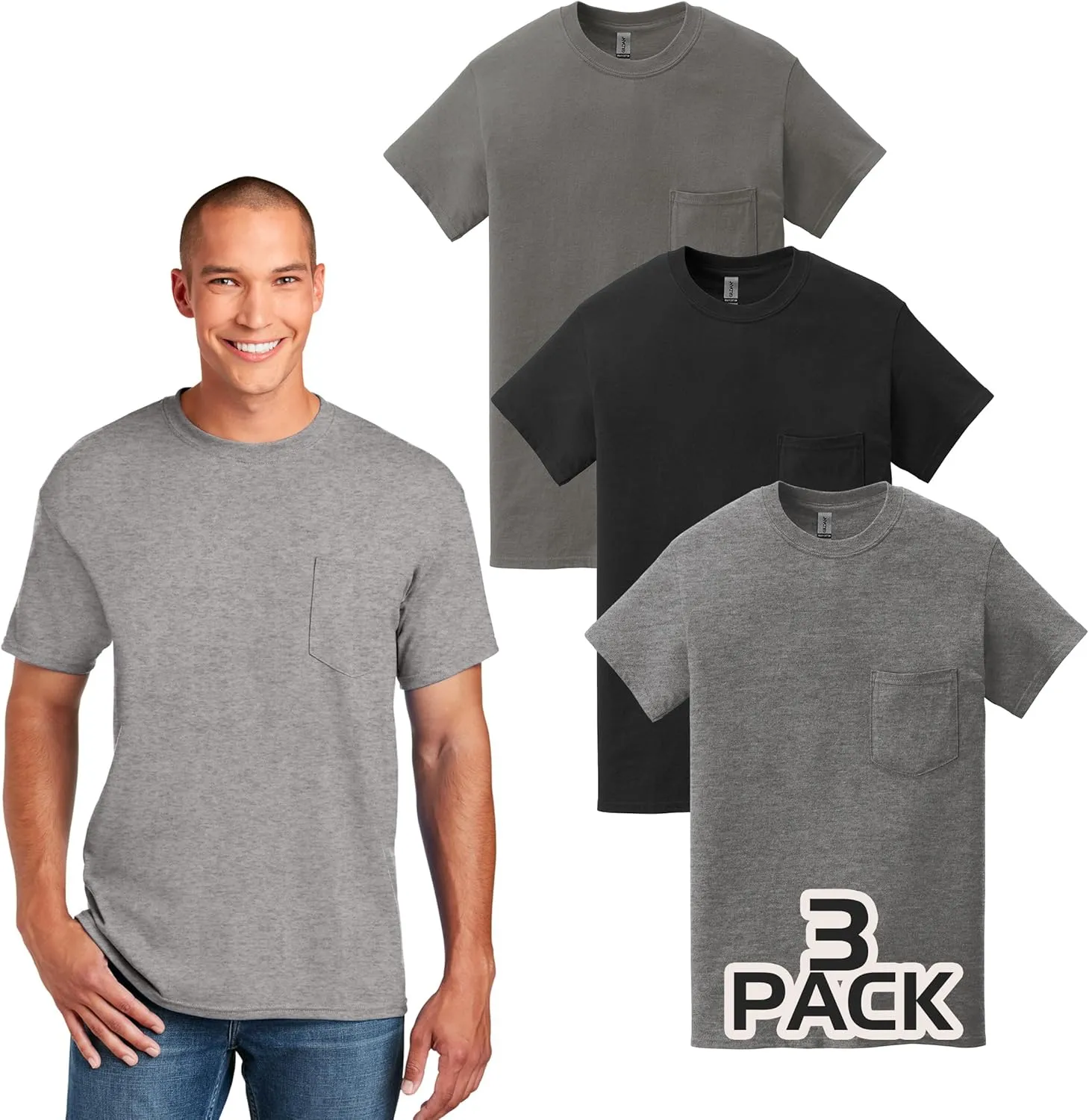 Gildan 5300 Pocket T-Shirts for Men, Bulk Undershirts for Men Multipack - Heavy Cotton Crewneck Pocket Tee Shirts