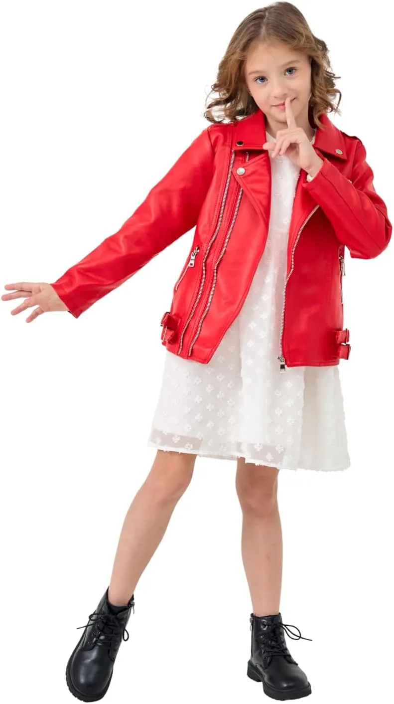 Girls Boys Biker Jacket Faux Leather Rivets Leather Motor Jacket Coat For Kids 3-16Years