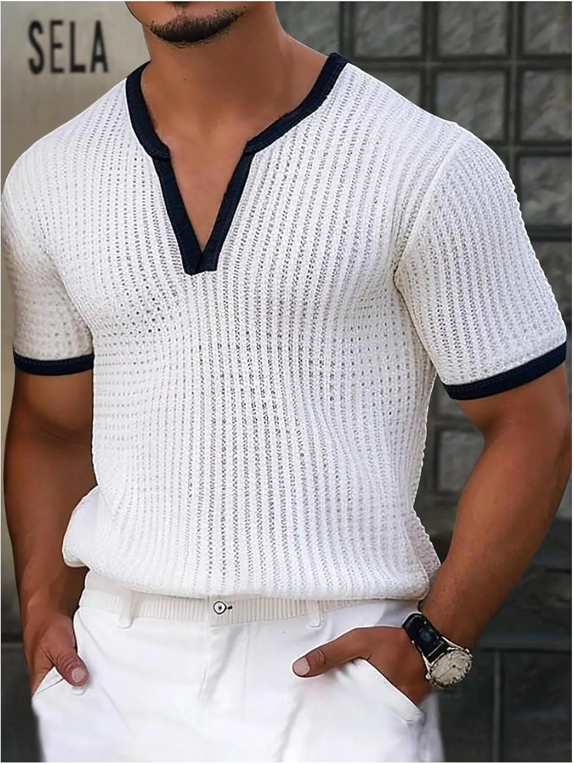 GORGLITTER Men's Deep V Neck Waffle Knit Shirt Casual Short Sleeve Solid Tee Shirts