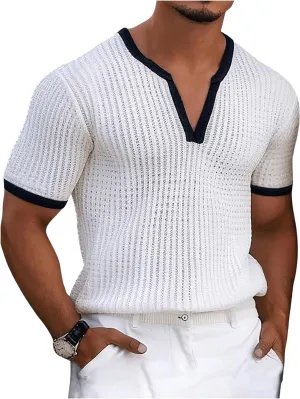GORGLITTER Men's Deep V Neck Waffle Knit Shirt Casual Short Sleeve Solid Tee Shirts