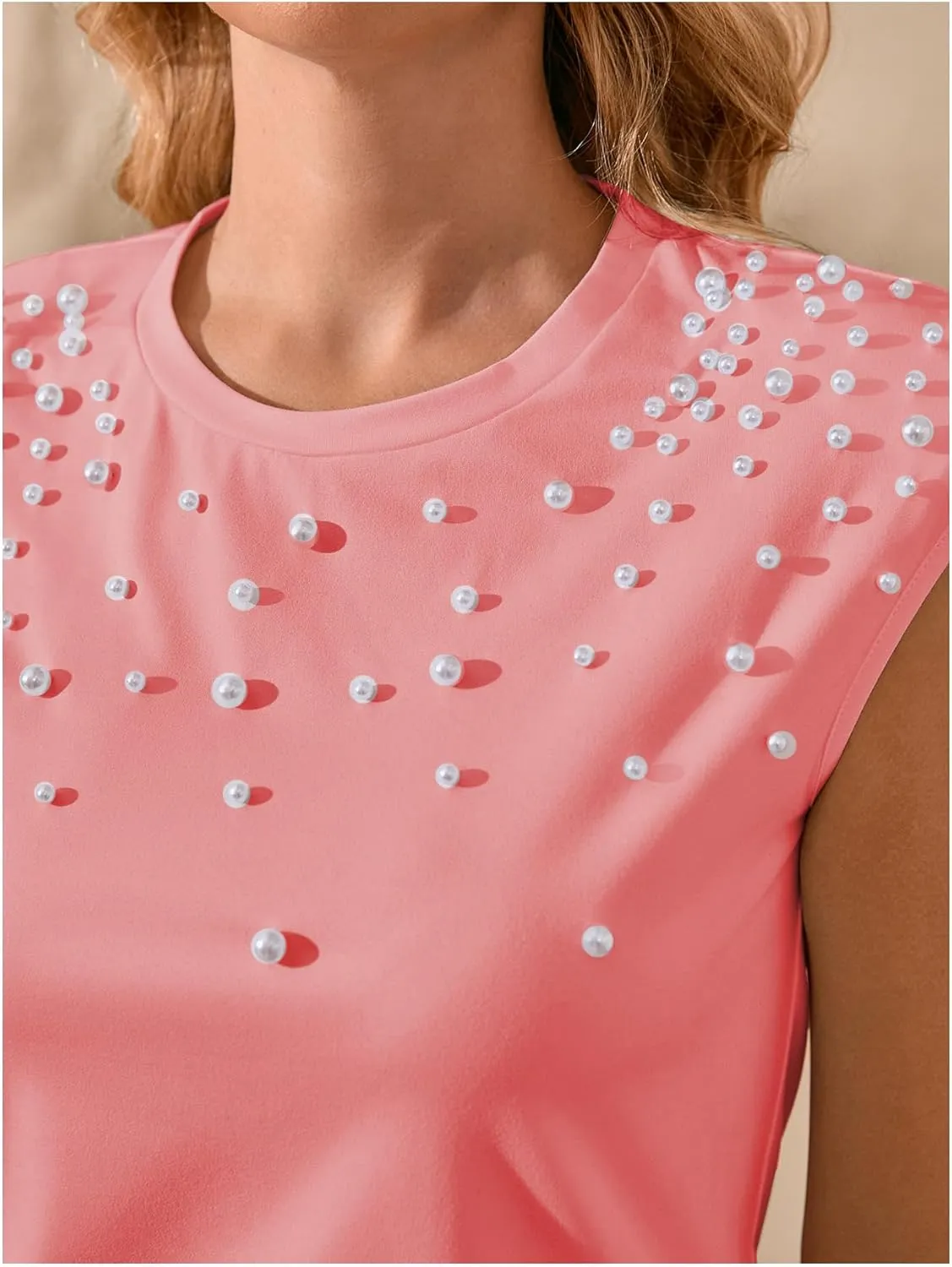 GORGLITTER Women's Pearl Beaded Top Summer Outfits 2025 Sleeveless Shoulder Pad Tee T-Shirt