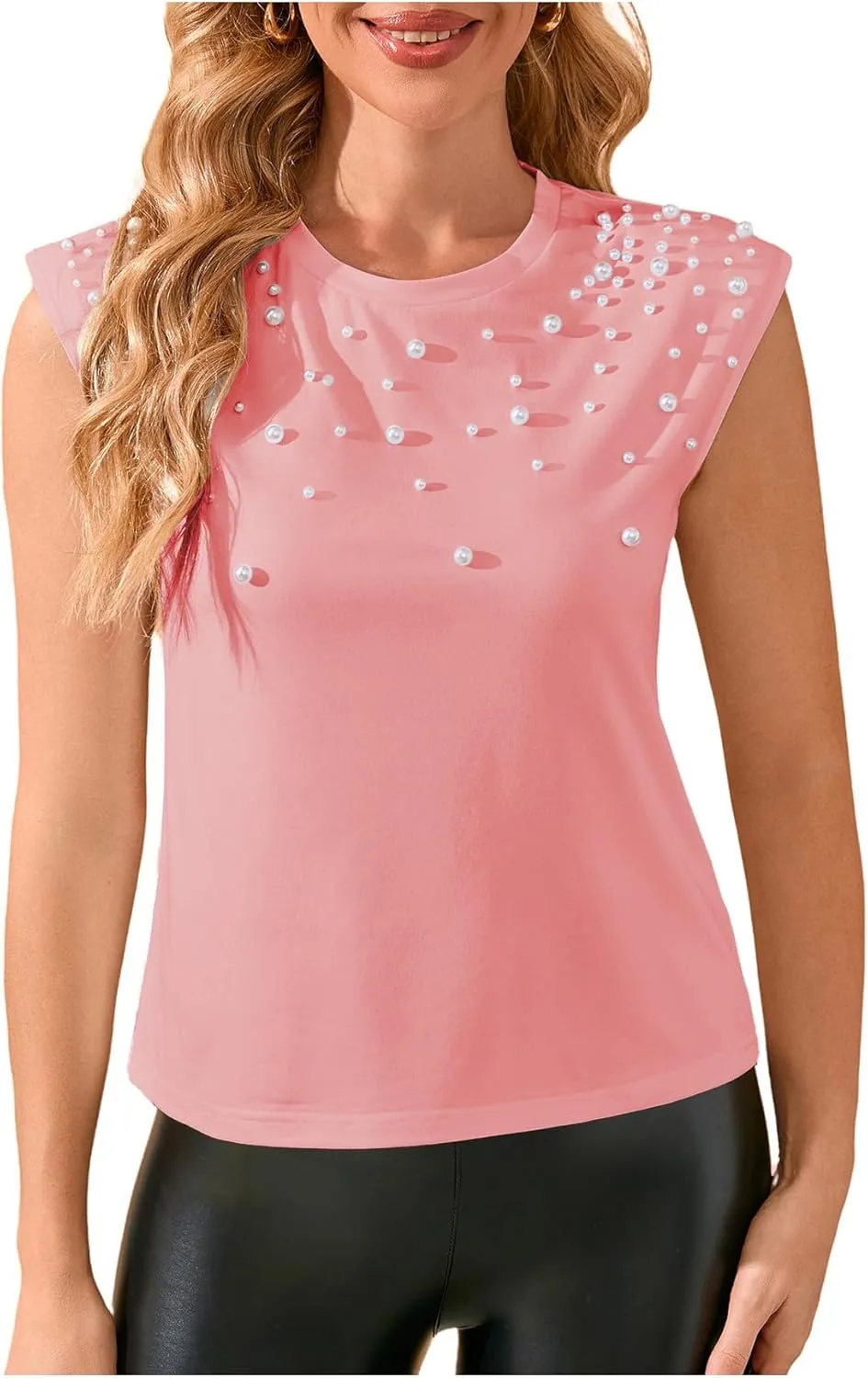 GORGLITTER Women's Pearl Beaded Top Summer Outfits 2025 Sleeveless Shoulder Pad Tee T-Shirt