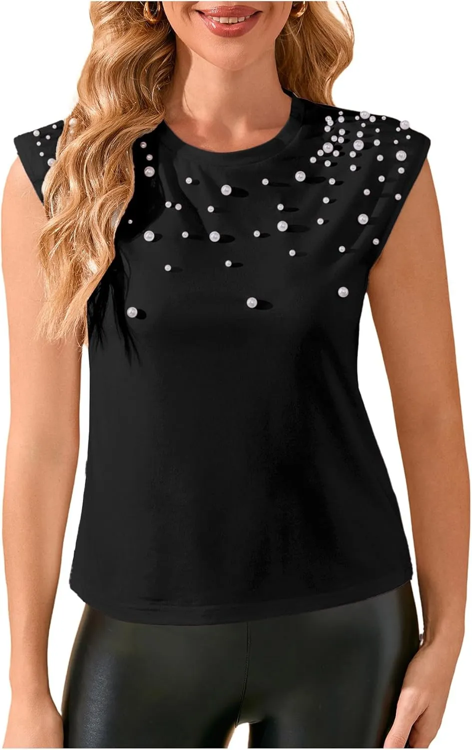 GORGLITTER Women's Pearl Beaded Top Summer Outfits 2025 Sleeveless Shoulder Pad Tee T-Shirt