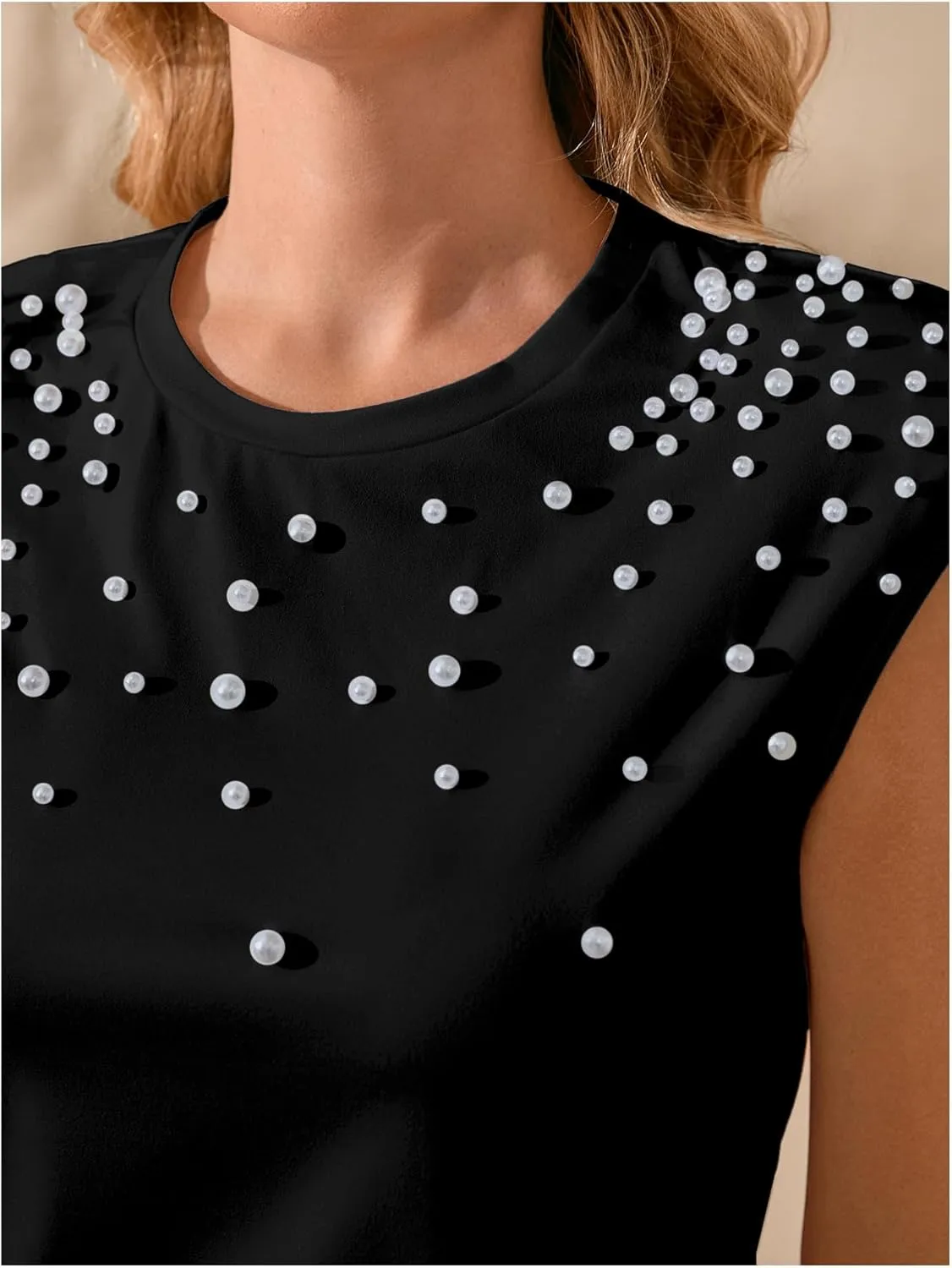 GORGLITTER Women's Pearl Beaded Top Summer Outfits 2025 Sleeveless Shoulder Pad Tee T-Shirt