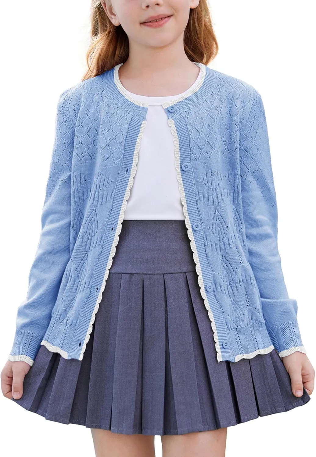 GRACE KARIN Girls Cardigan Sweater Long Sleeve Crewneck Knit School Uniform Sweater for Girls 5-12 Years
