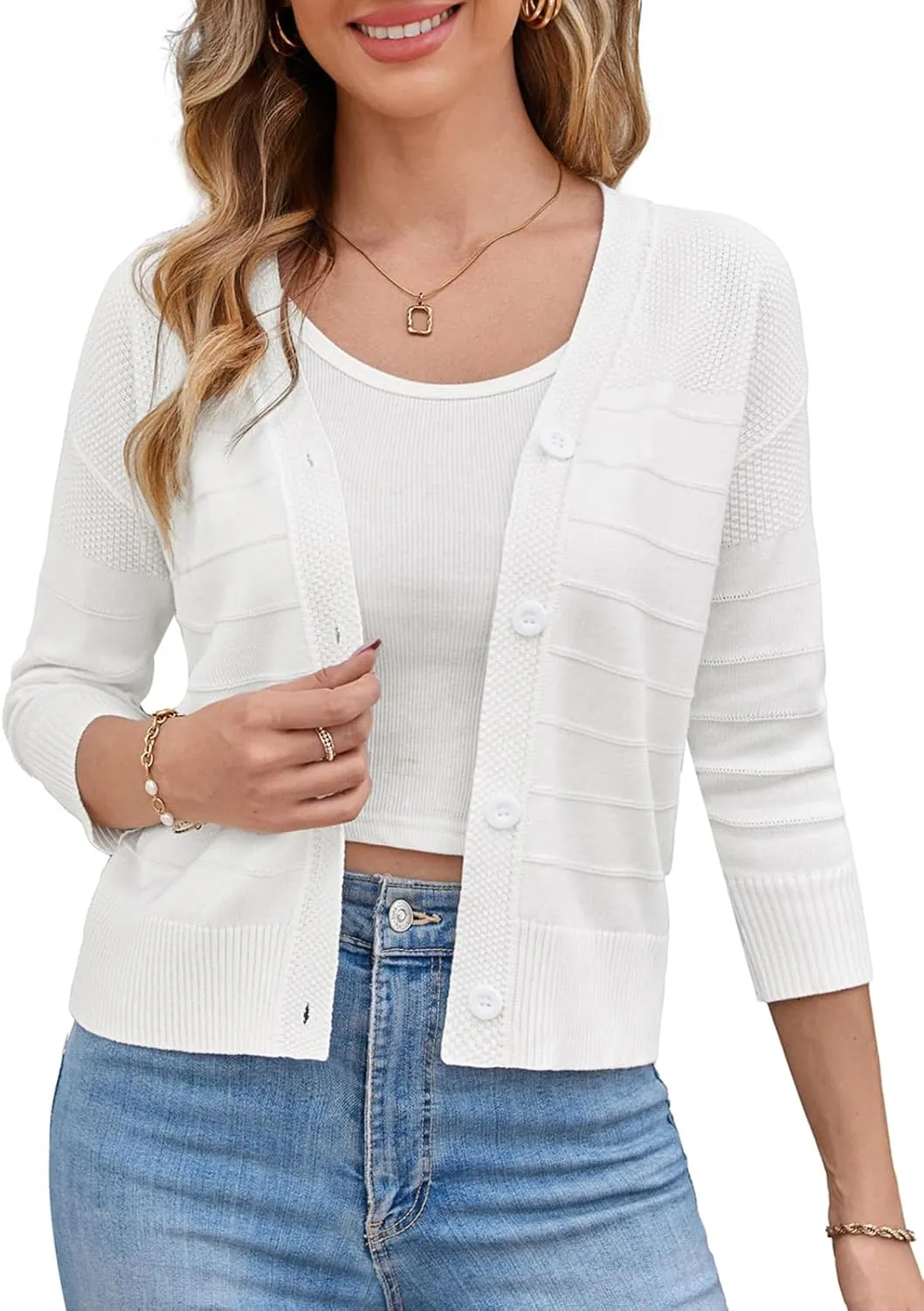 GRACE KARIN Women's Cropped Cardigan 3/4 Sleeve Button Down Bolero Shrug Knit Sweater Tops Open Front Lightweight