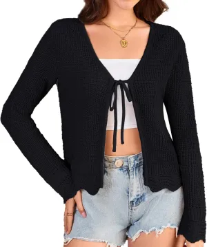 GRACE KARIN Women's Long Sleeve Cardigan Tie Front V Neck Crochet Lightweight Shrug Sweaters for Dresses Knit Top
