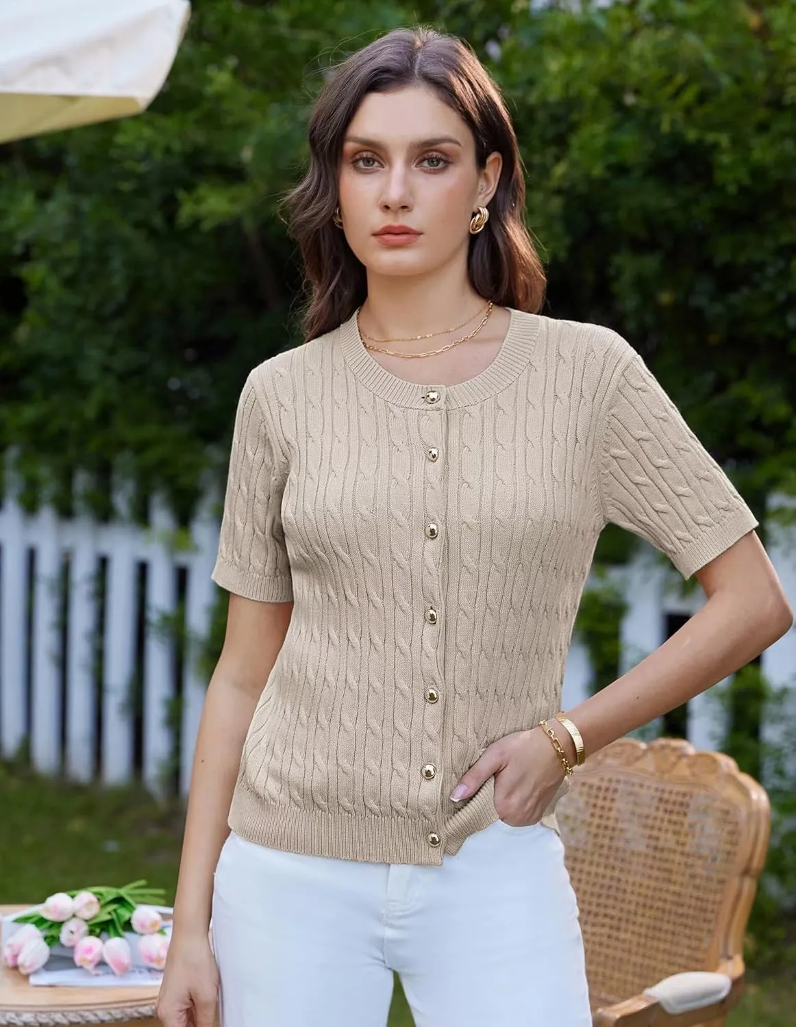 GRACE KARIN Women's Short Sleeve Button Up Summer Cardigan Sweater Y2K Cardigan Jacket (Runs Big, Suggest Size Down)
