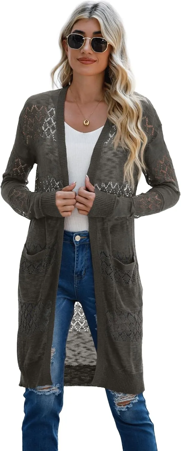 GRECERELLE Womens Lightweight Longer Length Cardigan Long Sleeve Casual Crochet Open-Front Sweater with Pockets