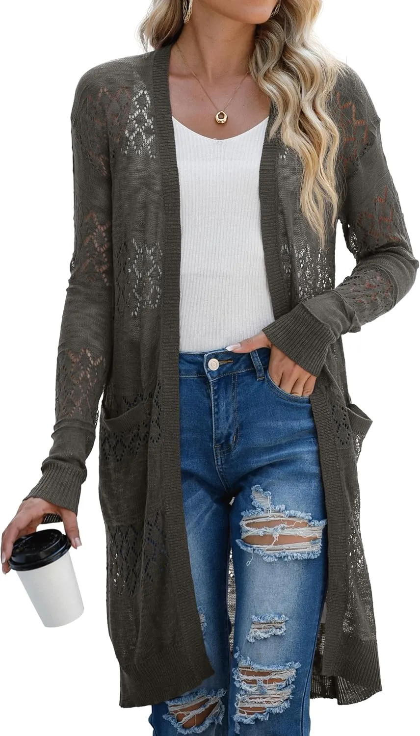 GRECERELLE Womens Lightweight Longer Length Cardigan Long Sleeve Casual Crochet Open-Front Sweater with Pockets