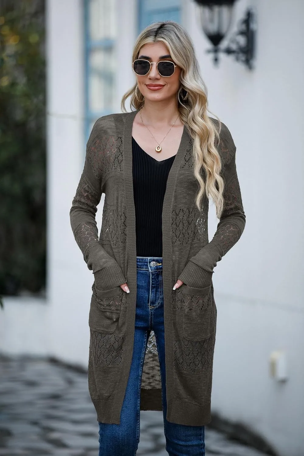 GRECERELLE Womens Lightweight Longer Length Cardigan Long Sleeve Casual Crochet Open-Front Sweater with Pockets