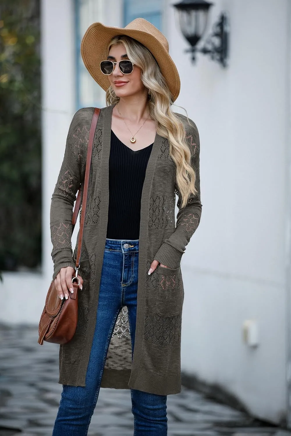 GRECERELLE Womens Lightweight Longer Length Cardigan Long Sleeve Casual Crochet Open-Front Sweater with Pockets