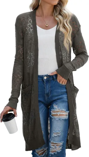 GRECERELLE Womens Lightweight Longer Length Cardigan Long Sleeve Casual Crochet Open-Front Sweater with Pockets