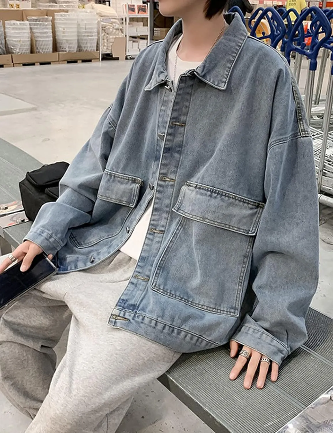 HangNiFang Mens Loose Fit Long Sleeve Lapel Collar Work Denim Jean Jackets Coat