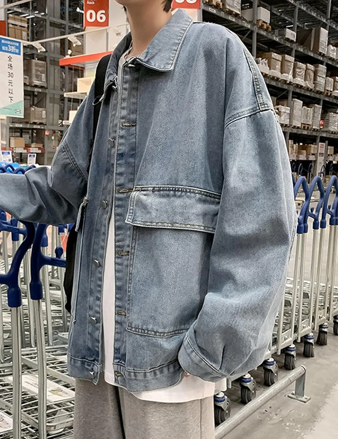 HangNiFang Mens Loose Fit Long Sleeve Lapel Collar Work Denim Jean Jackets Coat