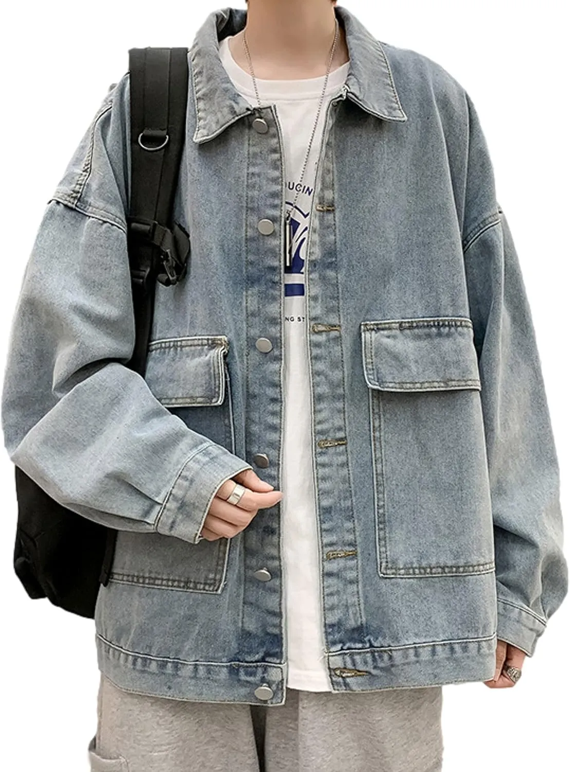HangNiFang Mens Loose Fit Long Sleeve Lapel Collar Work Denim Jean Jackets Coat
