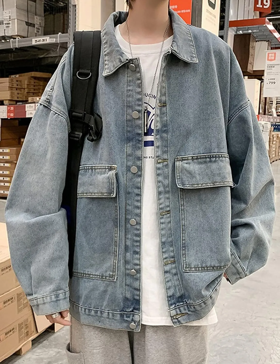 HangNiFang Mens Loose Fit Long Sleeve Lapel Collar Work Denim Jean Jackets Coat