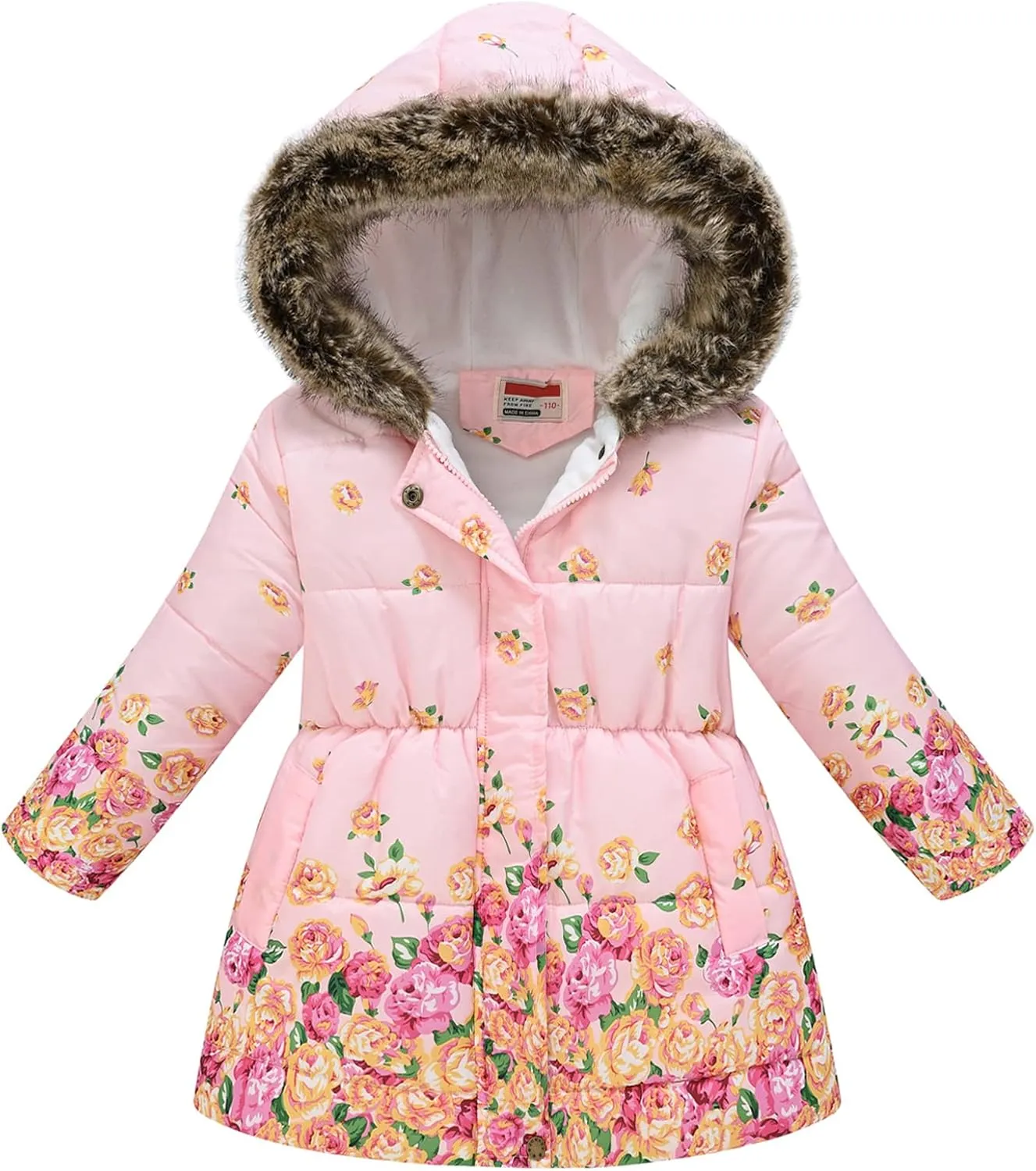 Happy Cherry Girl's Fleece Line Hooded Jacket Faux Fur Trim Winter Warm Coat Long Padded Outwear Snow Puffer Jackets