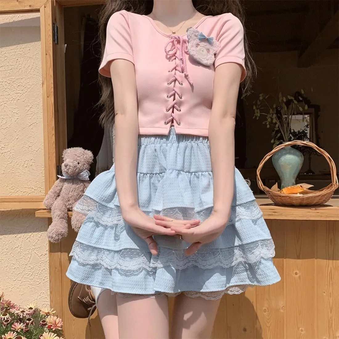 Harajuku Lolita Kawaii Gothic Casual Style A-Line Elastic High Waist Cute Lace Trim Ruffle Tiered Short Skirt