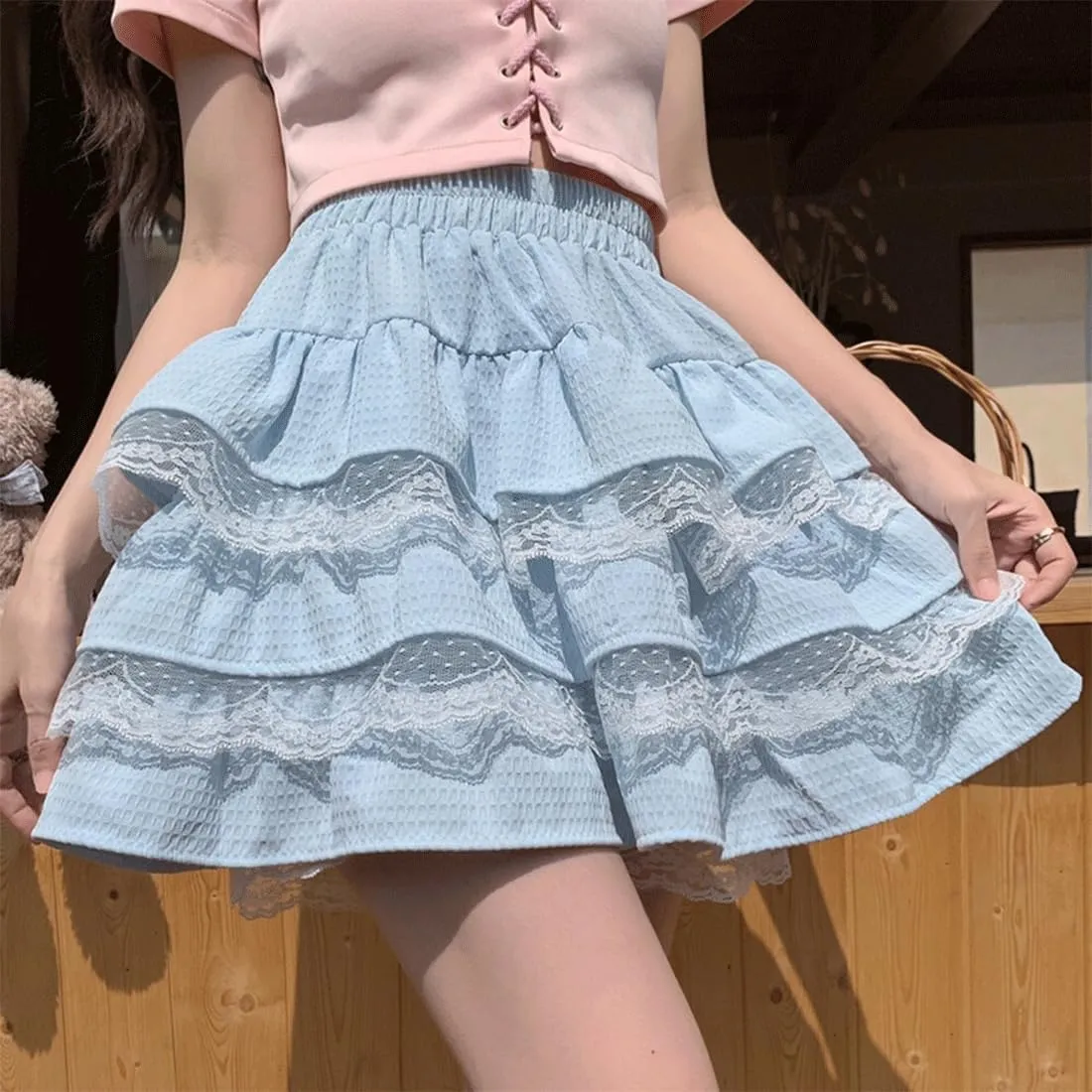 Harajuku Lolita Kawaii Gothic Casual Style A-Line Elastic High Waist Cute Lace Trim Ruffle Tiered Short Skirt