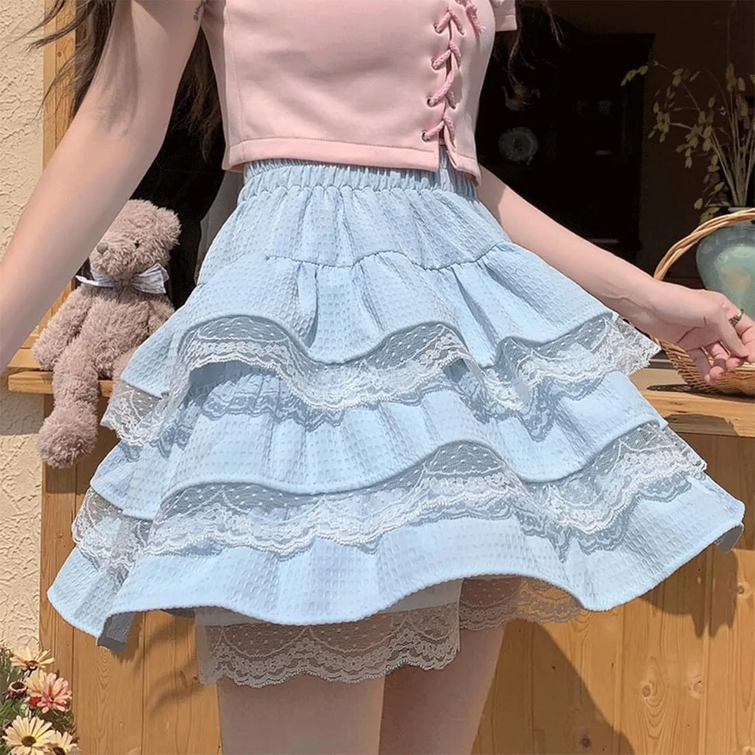 Harajuku Lolita Kawaii Gothic Casual Style A-Line Elastic High Waist Cute Lace Trim Ruffle Tiered Short Skirt