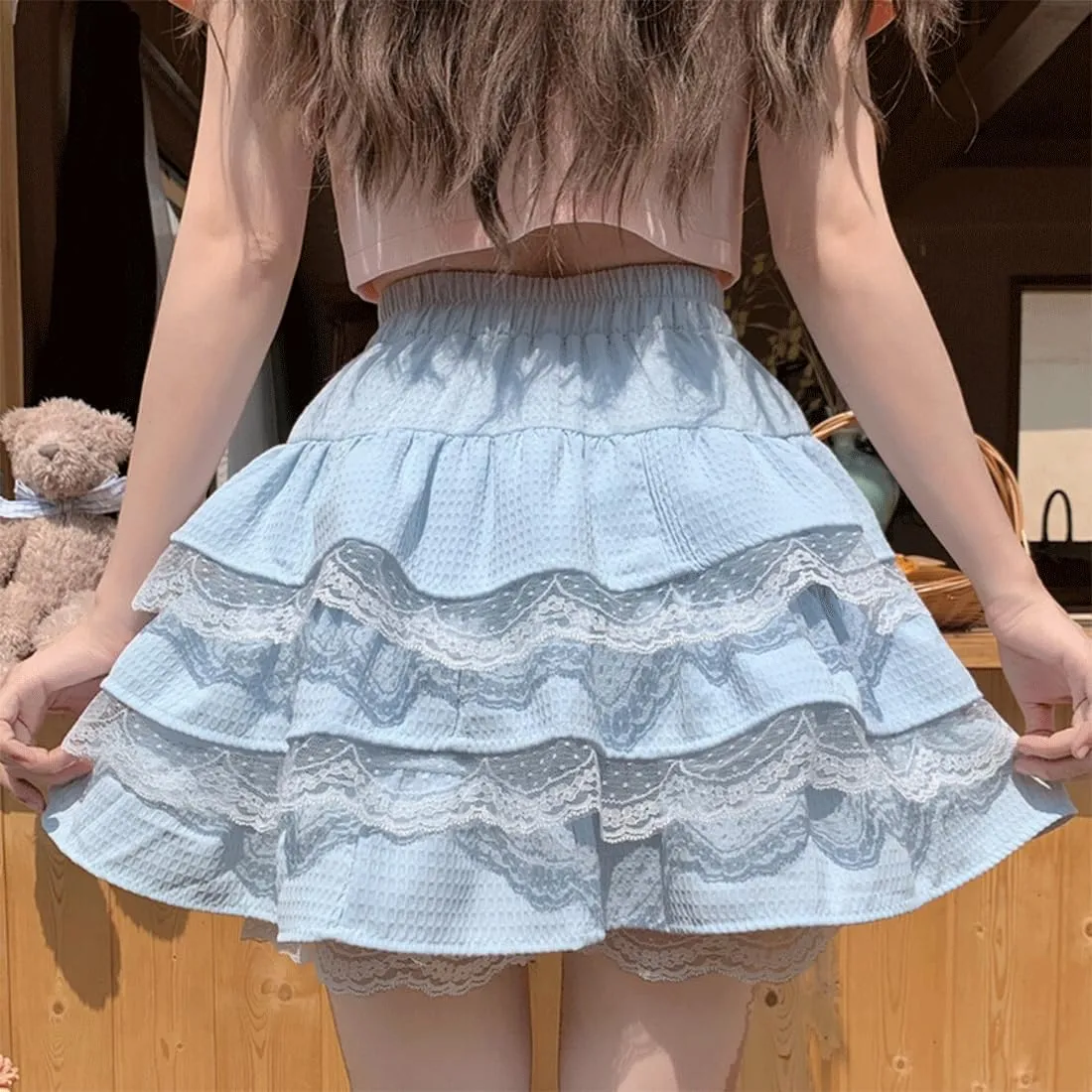 Harajuku Lolita Kawaii Gothic Casual Style A-Line Elastic High Waist Cute Lace Trim Ruffle Tiered Short Skirt