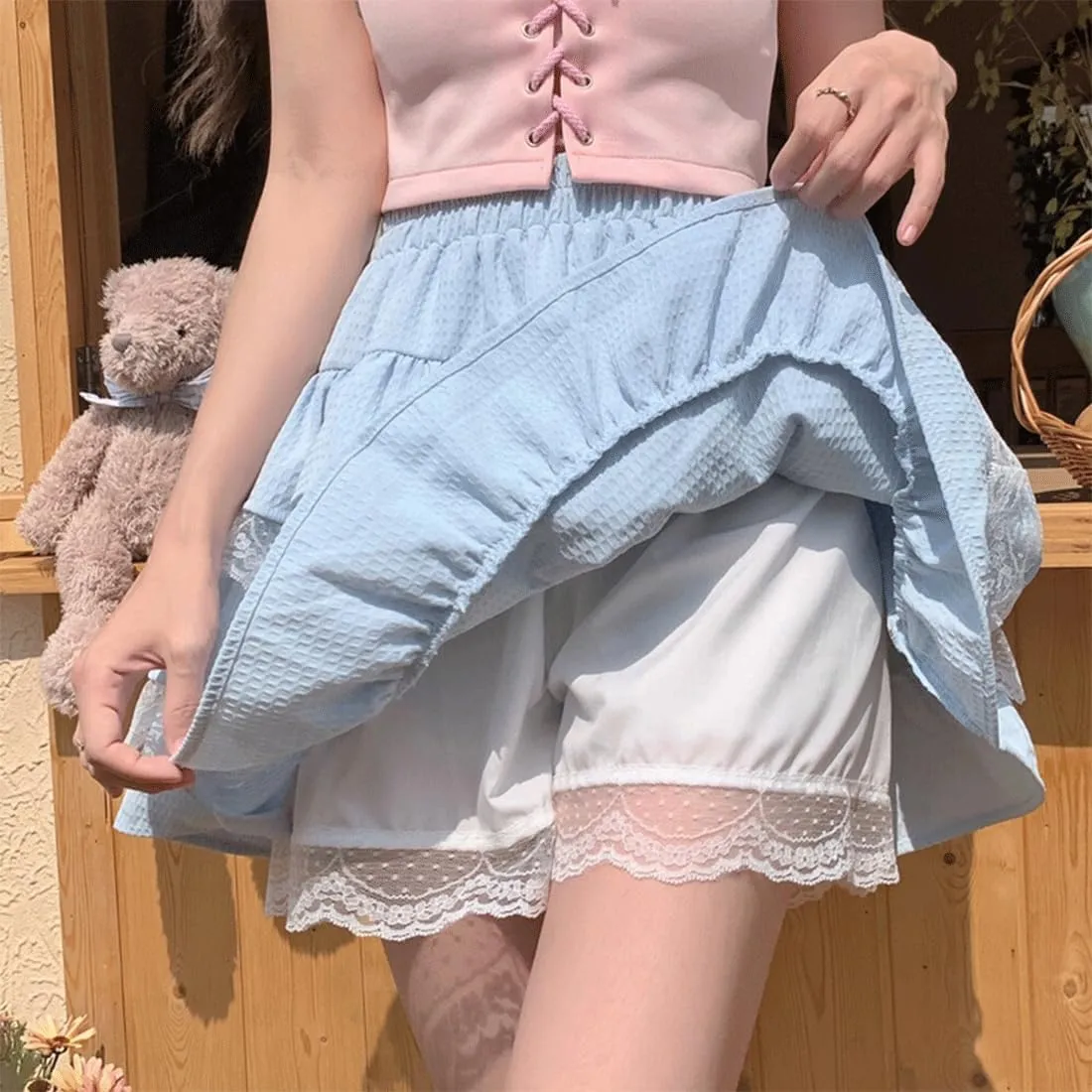 Harajuku Lolita Kawaii Gothic Casual Style A-Line Elastic High Waist Cute Lace Trim Ruffle Tiered Short Skirt