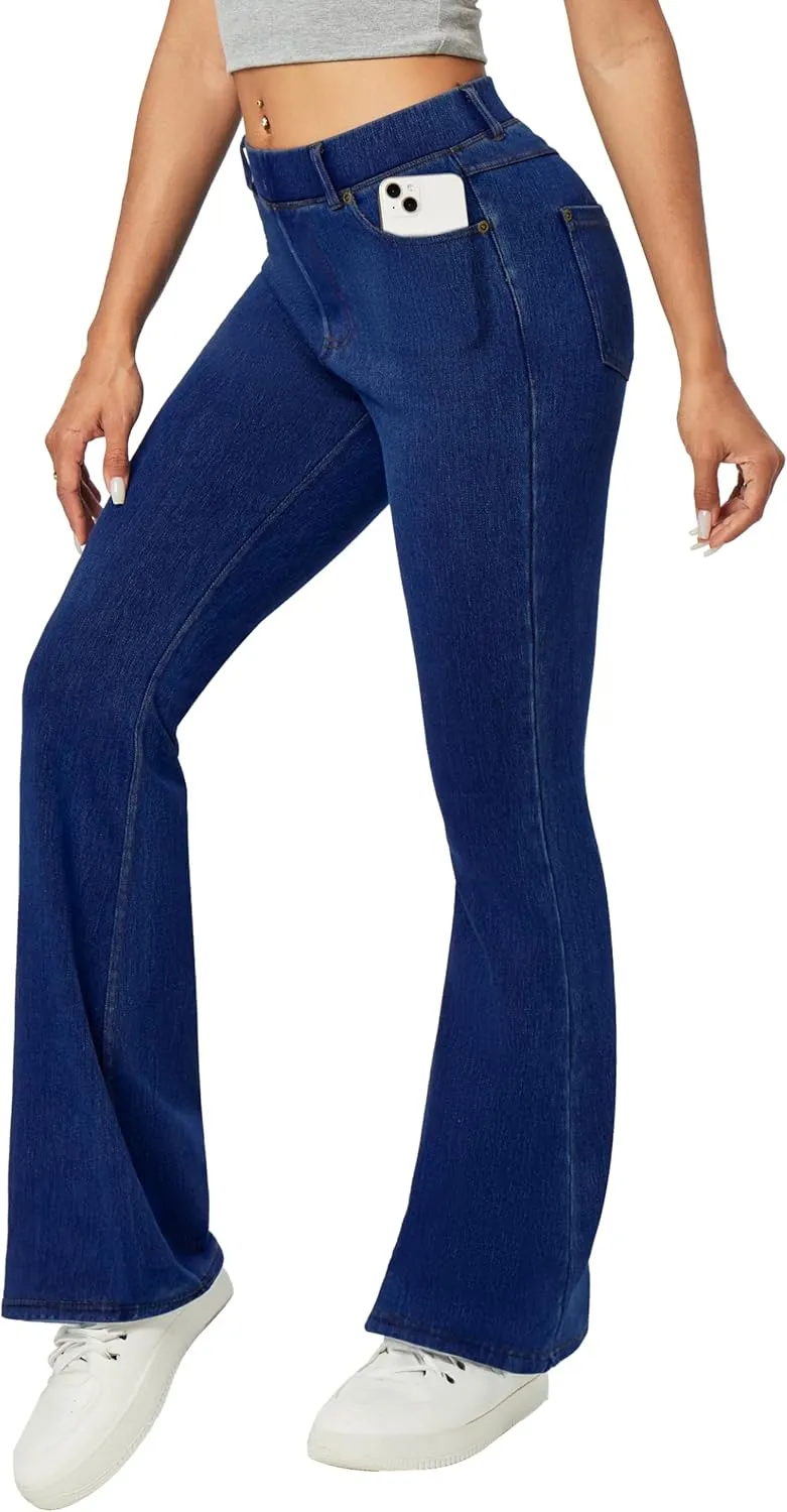 Heathyoga Flare Jeans for Women Trendy Stretchy Bell Bottom Jeans for Women Pull on Jeggings Tummy Control with Pockets