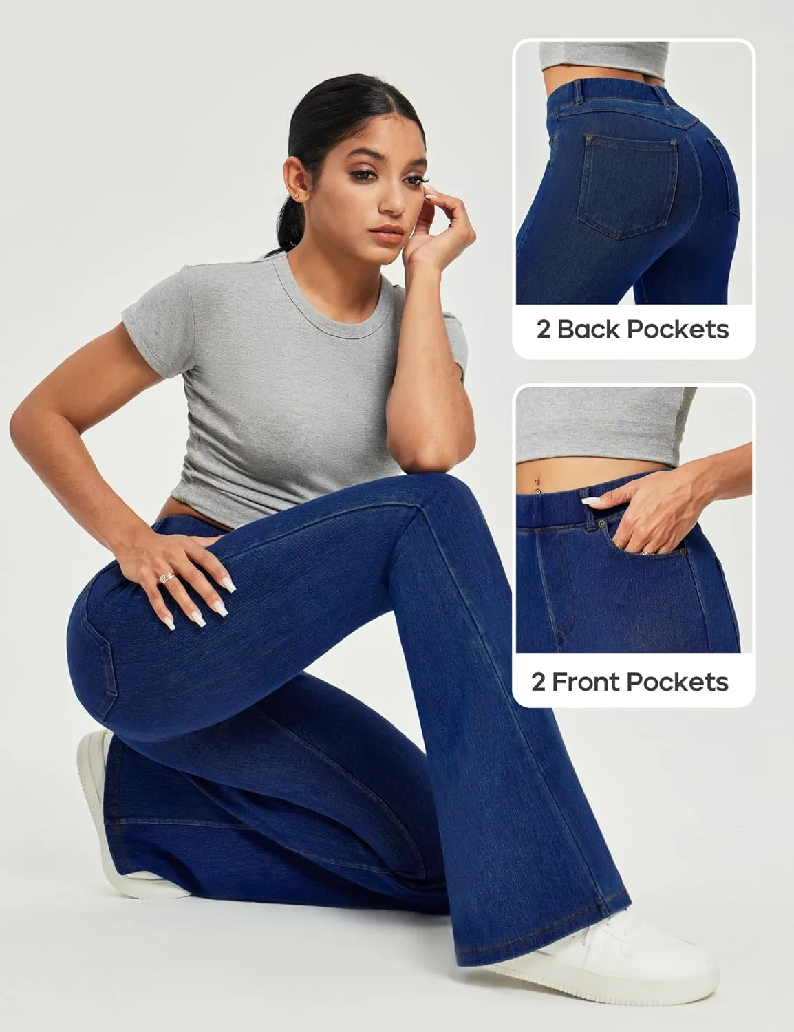 Heathyoga Flare Jeans for Women Trendy Stretchy Bell Bottom Jeans for Women Pull on Jeggings Tummy Control with Pockets