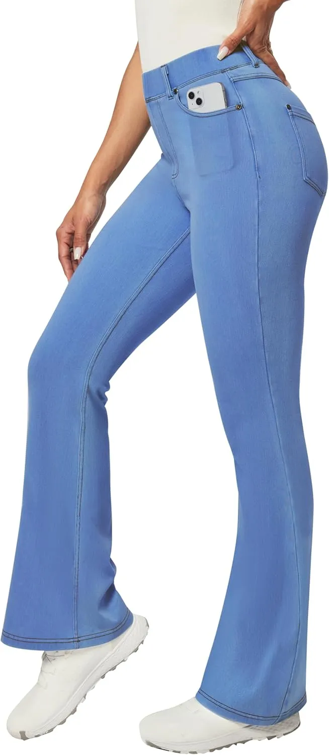 Heathyoga Flare Jeans for Women Trendy Stretchy Bell Bottom Jeans for Women Pull on Jeggings Tummy Control with Pockets