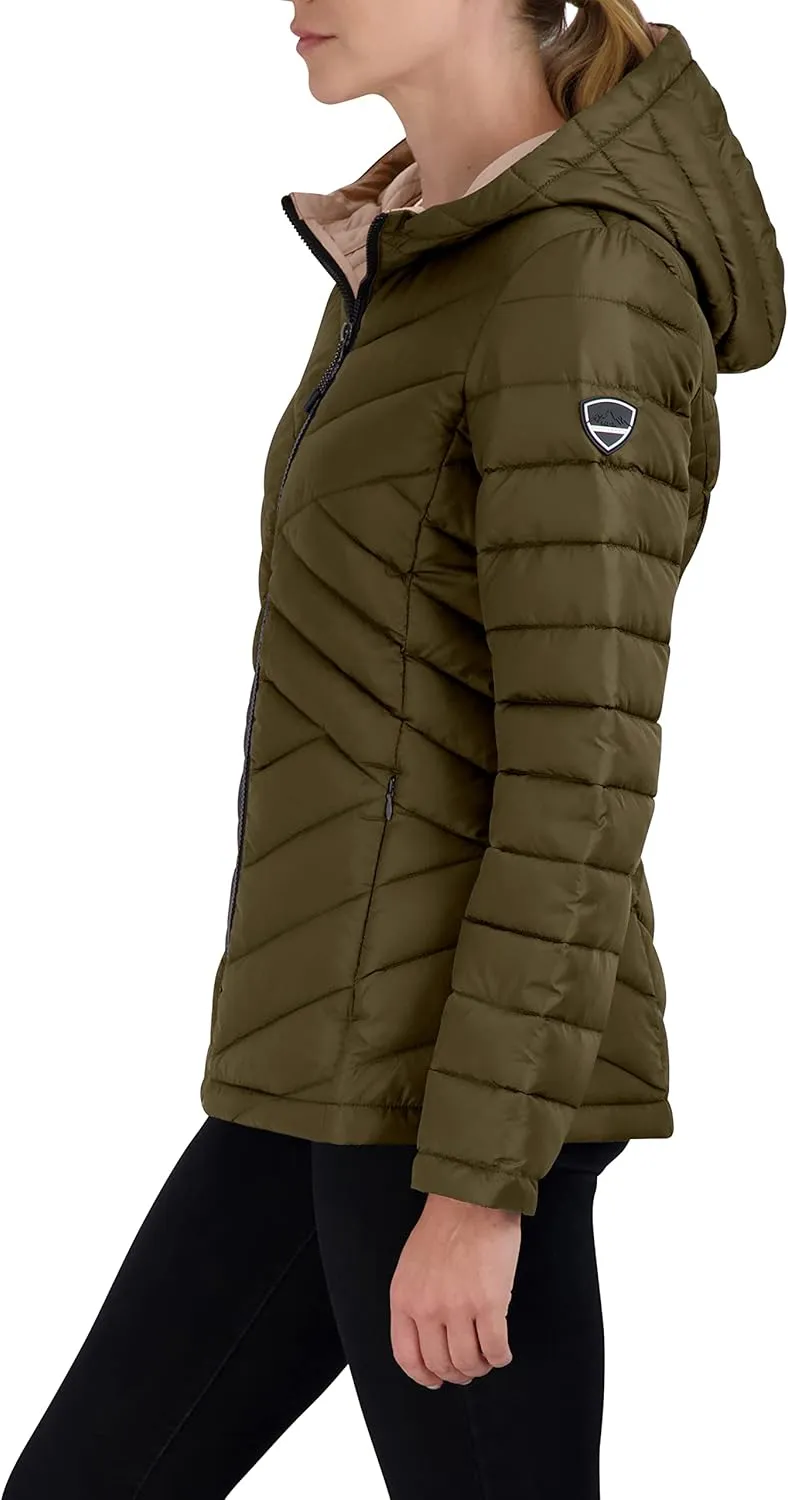 HFX Women's Short Lightweight Quilted Jacket Zipper Front Pockets Hood 25" Packable Puffer Coat