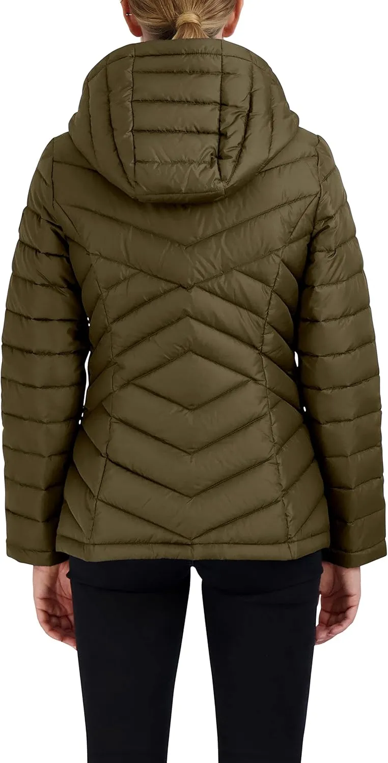 HFX Women's Short Lightweight Quilted Jacket Zipper Front Pockets Hood 25" Packable Puffer Coat