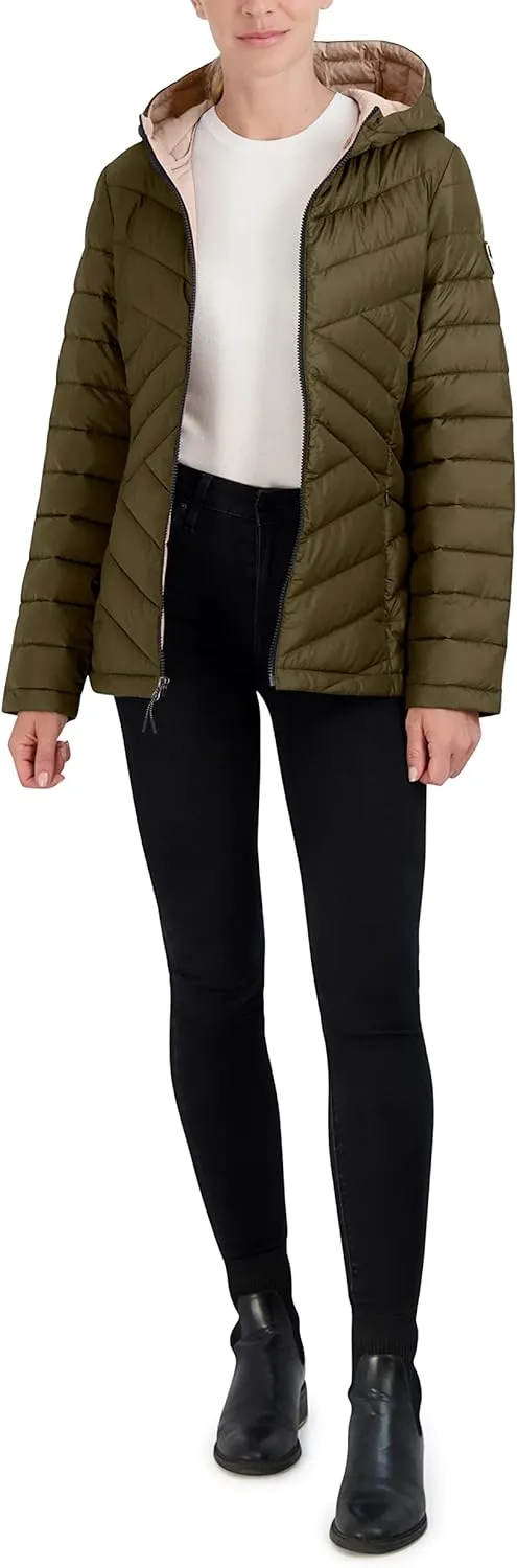HFX Women's Short Lightweight Quilted Jacket Zipper Front Pockets Hood 25" Packable Puffer Coat