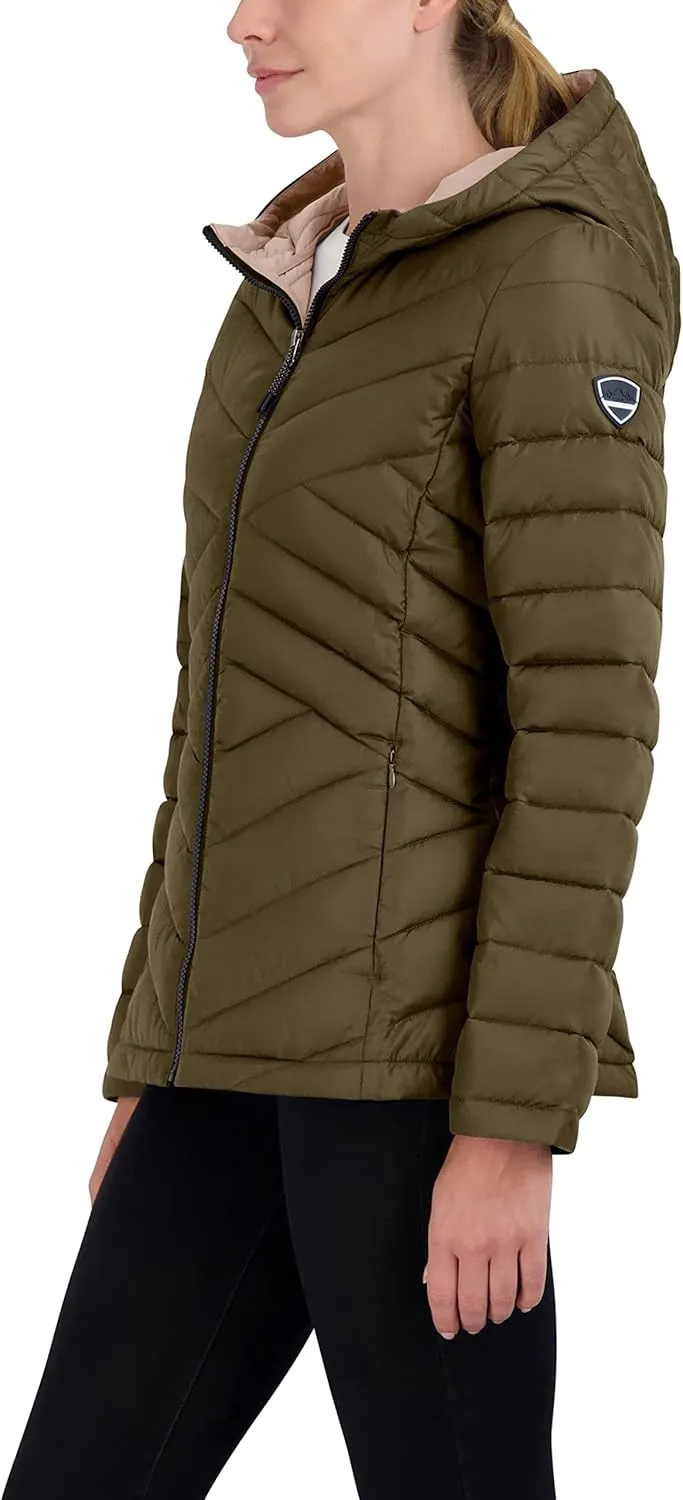 HFX Women's Short Lightweight Quilted Jacket Zipper Front Pockets Hood 25" Packable Puffer Coat