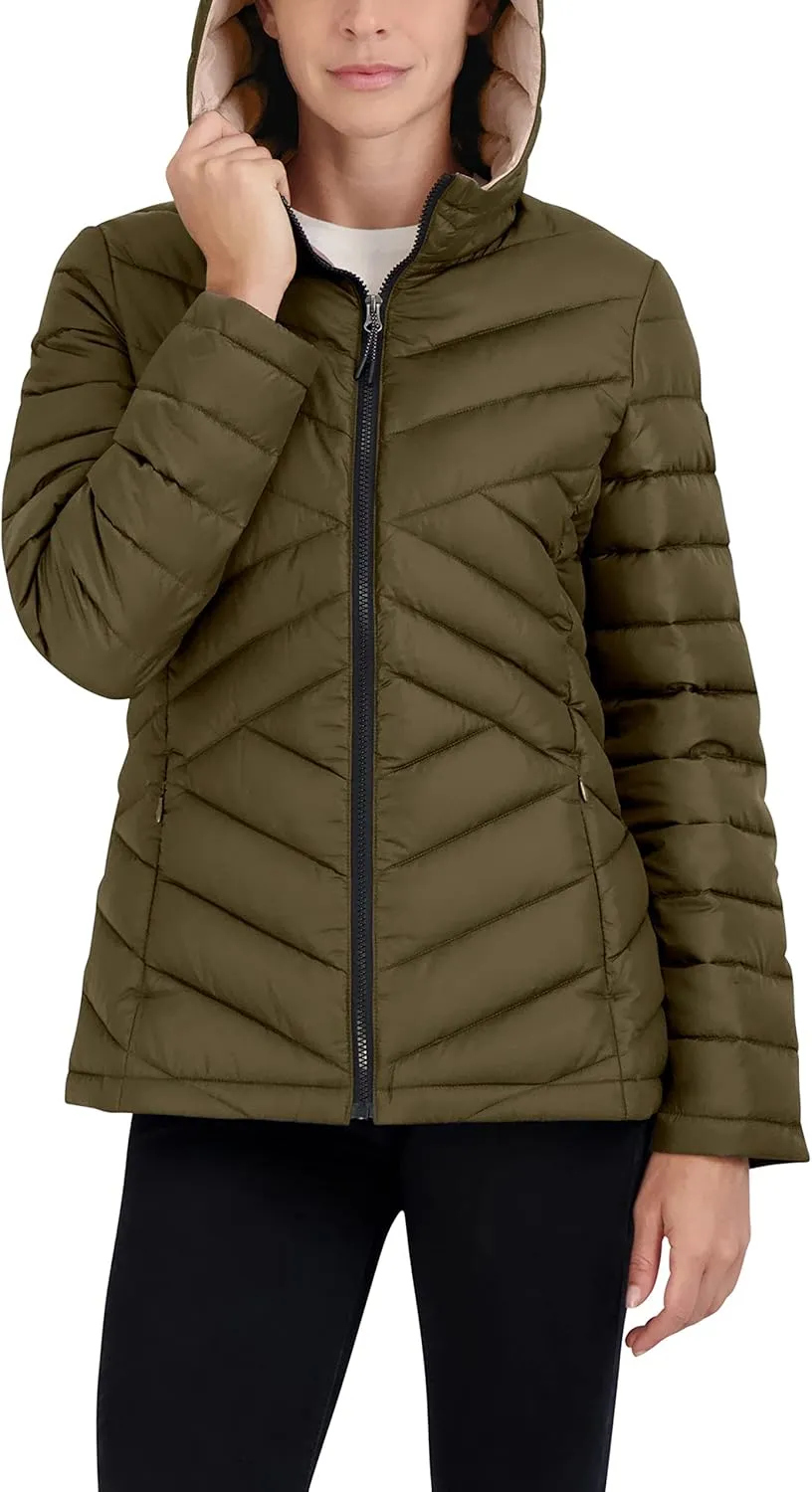 HFX Women's Short Lightweight Quilted Jacket Zipper Front Pockets Hood 25" Packable Puffer Coat
