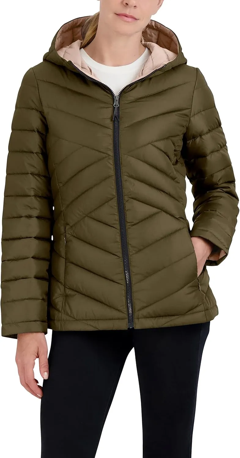 HFX Women's Short Lightweight Quilted Jacket Zipper Front Pockets Hood 25" Packable Puffer Coat