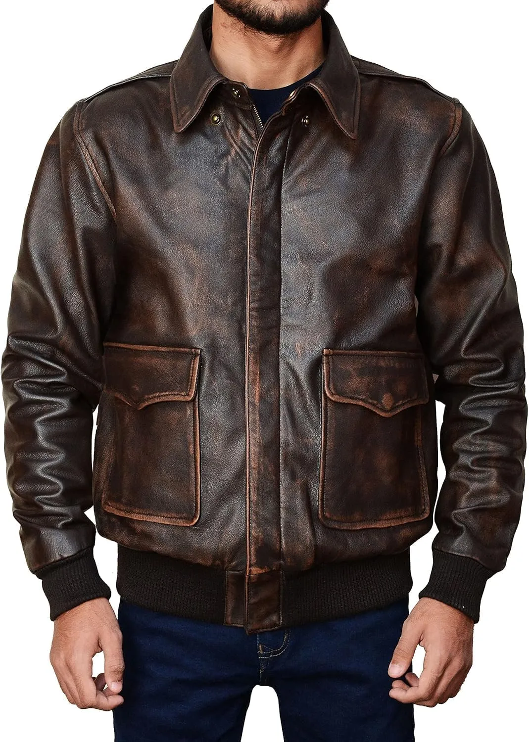 Hide & Seek Mens A2 Aviator Air Force Cockpit Vintage Bomber Military Flight Pilot WWII Distressed Real Leather Jacket