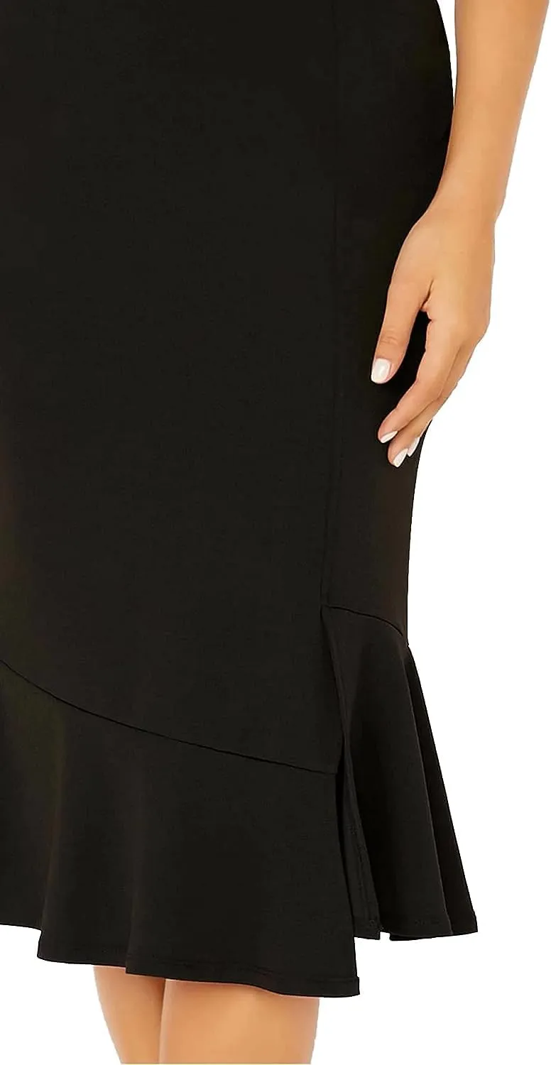 High Rise Elastic Cotton Blend Solid Flared Pencil Fit Knee-Length Women Skirt