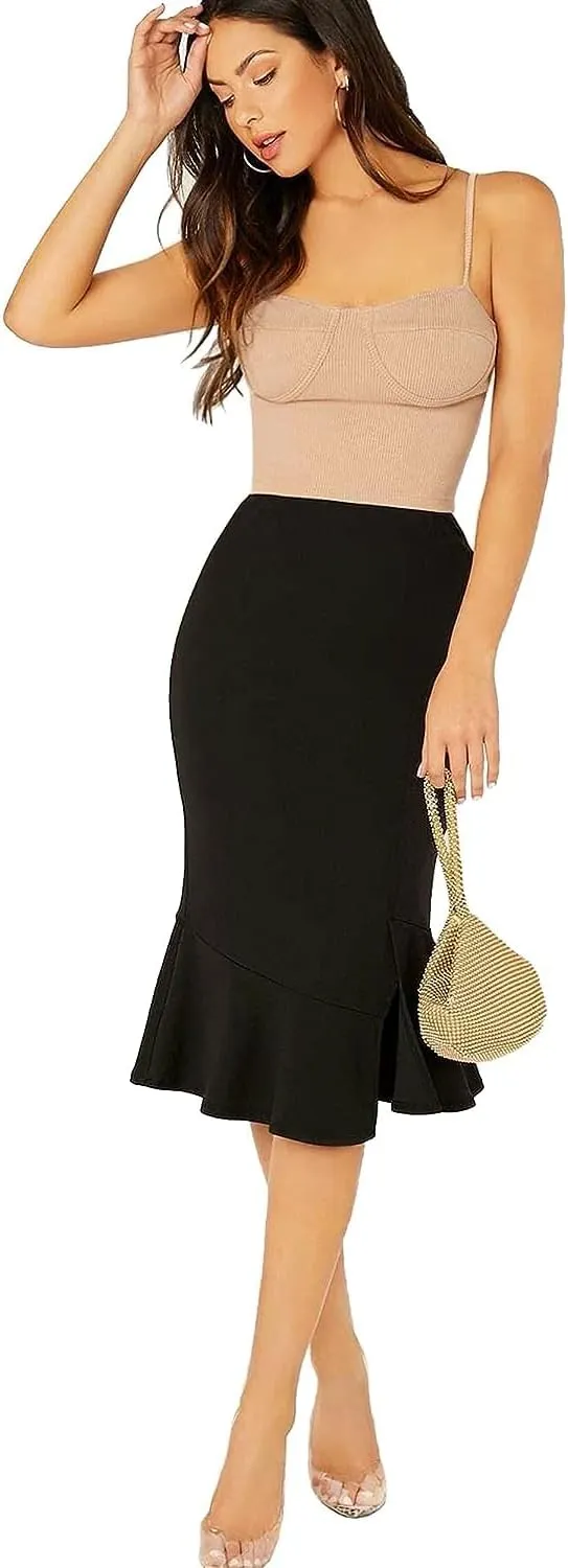 High Rise Elastic Cotton Blend Solid Flared Pencil Fit Knee-Length Women Skirt