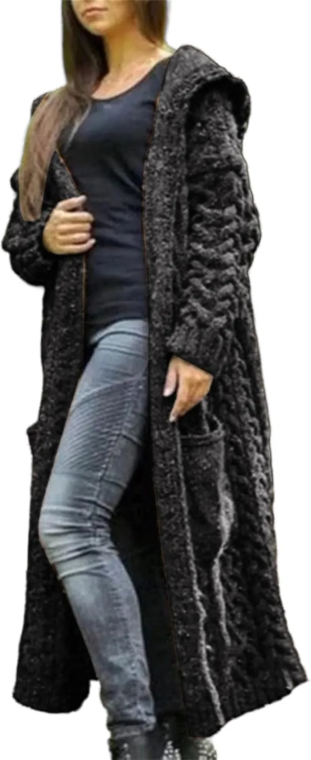 Hooded Long Sweater Cardigan Women Open Front Sweater Coat Cable Knit Duster Cardigans Plus Size Chunky Long Cardigan