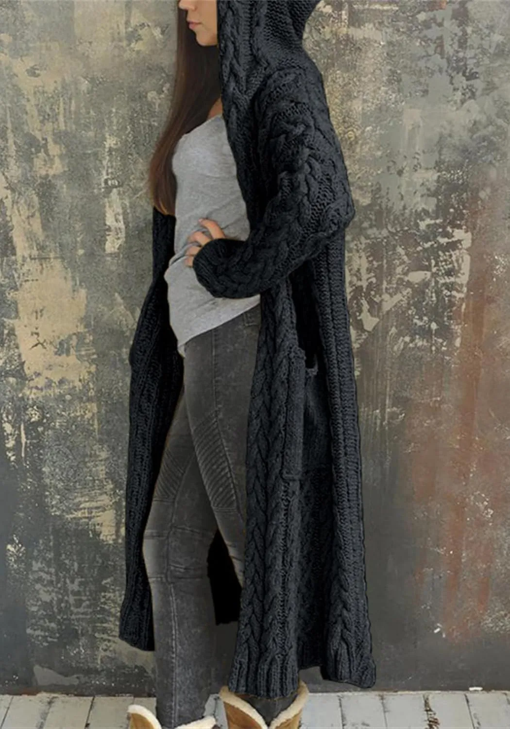 Hooded Long Sweater Cardigan Women Open Front Sweater Coat Cable Knit Duster Cardigans Plus Size Chunky Long Cardigan