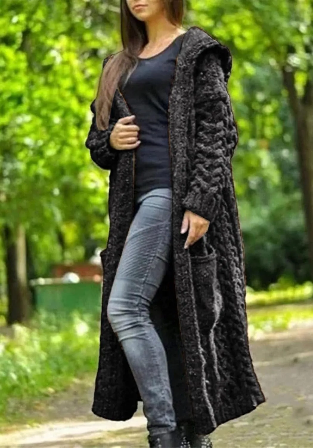 Hooded Long Sweater Cardigan Women Open Front Sweater Coat Cable Knit Duster Cardigans Plus Size Chunky Long Cardigan