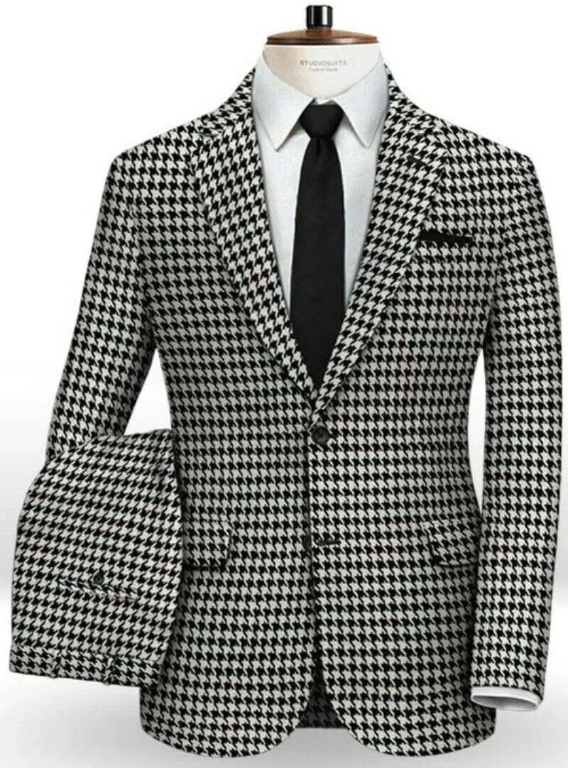 Houndstooth Blazer White Mens Slim Fit Plaid Dogstooth Tuxedo Prom Wedding Party Groom Sports Jacket Coat Suits