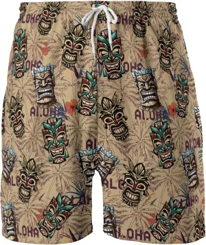 Hula Tiki Mens Hawaiian Sport Shorts - Tropical Tiki Hawaiian Shorts for Men - Casual Drawstring Beachwear Shorts Series 16