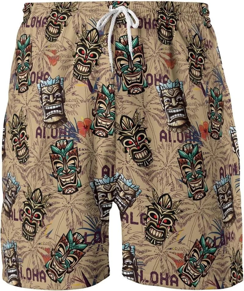 Hula Tiki Mens Hawaiian Sport Shorts - Tropical Tiki Hawaiian Shorts for Men - Casual Drawstring Beachwear Shorts Series 16