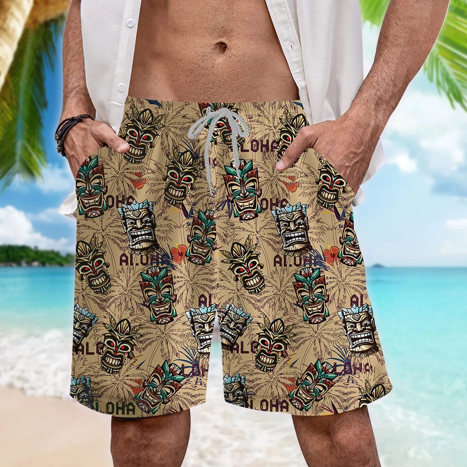 Hula Tiki Mens Hawaiian Sport Shorts - Tropical Tiki Hawaiian Shorts for Men - Casual Drawstring Beachwear Shorts Series 16