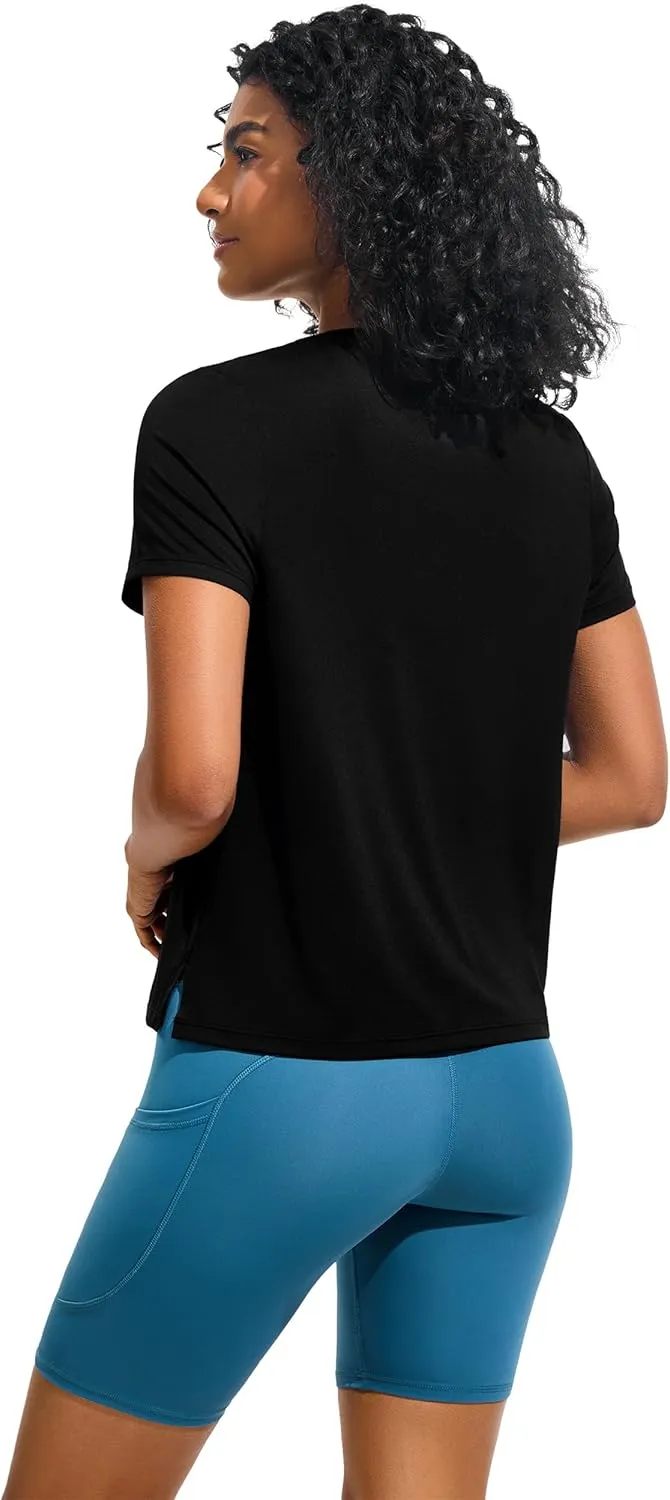 Ice Silk Women's Short Sleeve Workout Shirts Loose Fit Side Slits Athletic Tee Tops