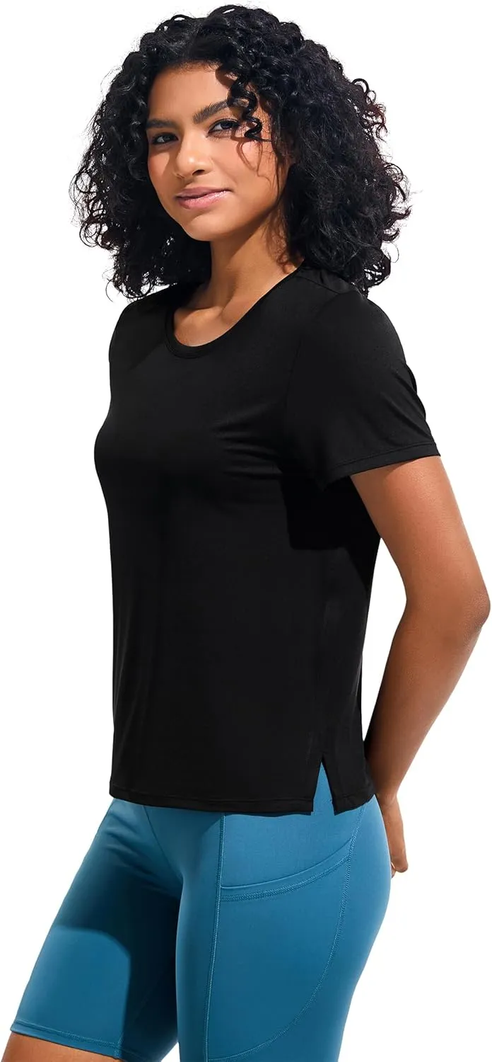 Ice Silk Women's Short Sleeve Workout Shirts Loose Fit Side Slits Athletic Tee Tops