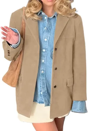 IDEALSANXUN Womens Suede Jacket Fall Winter Fashion Casual Oversized Faux Leather Blazer Jacket Trench Coat