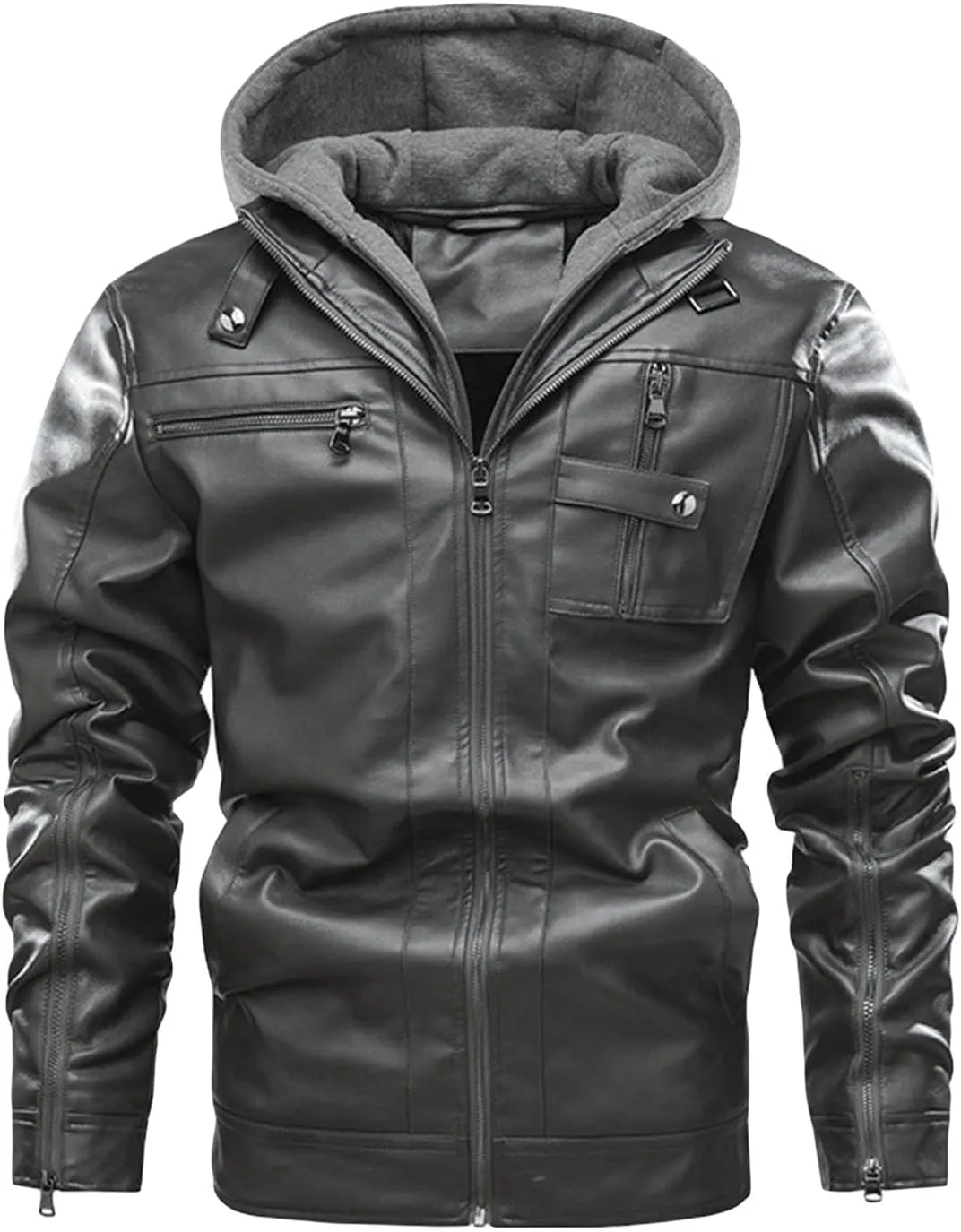 JEShifangjiusu Men?S Casual Stand Collar Pu Faux Leather Zip-Up Motorcycle Bomber Jacket Warm Coat With A Removable Hood